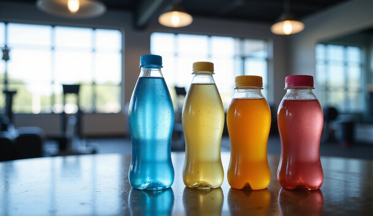 Bottiglie d'acqua e bevande sportive su uno sfondo sfocato di una palestra