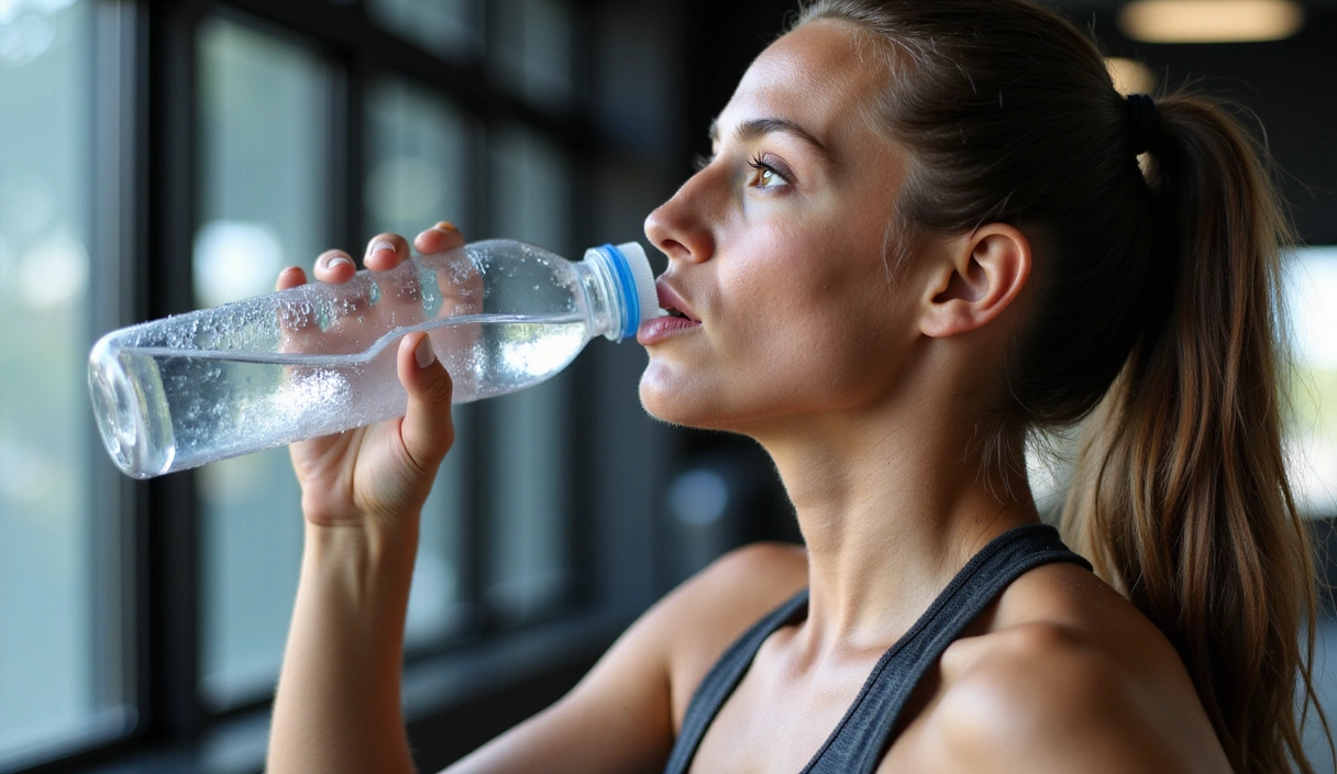 Un atleta che beve da una borraccia durante un allenamento intenso, con sudore visibile