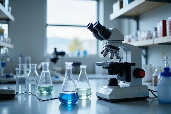 Immagine di microscopio e provette in laboratorio