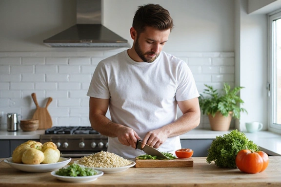 Uomo che prepara un pasto sano in cucina