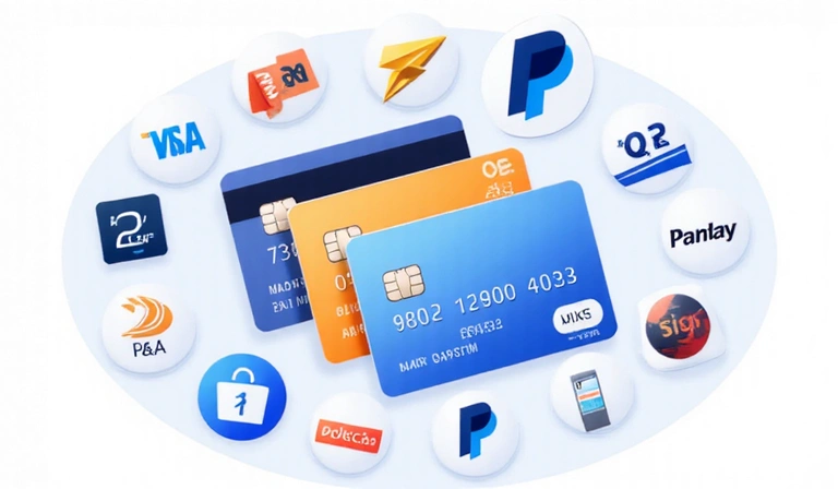 Illustrazione di diverse carte di credito e icone di pagamento digitale, a significare opzioni di pagamento future.