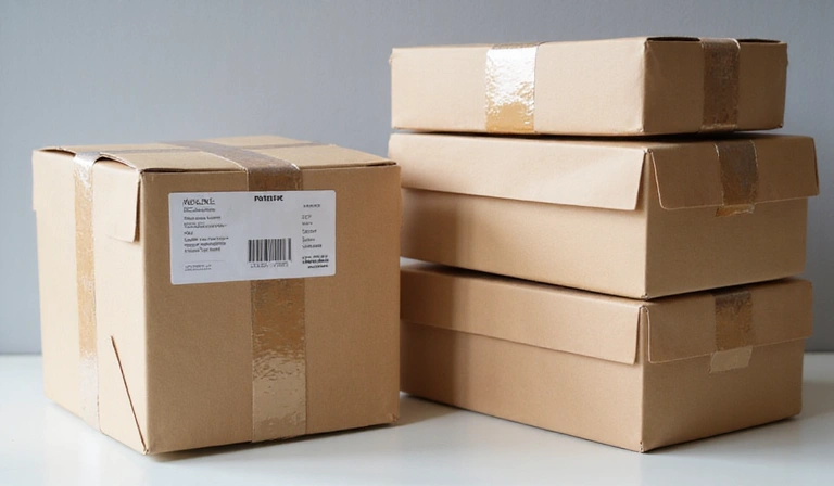 Una pila di prodotti confezionati con un'etichetta di spedizione, simboleggiante un ordine pronto per la spedizione.