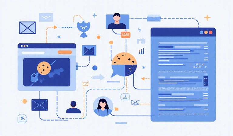 Rappresentazione astratta di cookie e dati digitali che fluiscono tra un browser web e un server, con icone che simboleggiano privacy e personalizzazione.