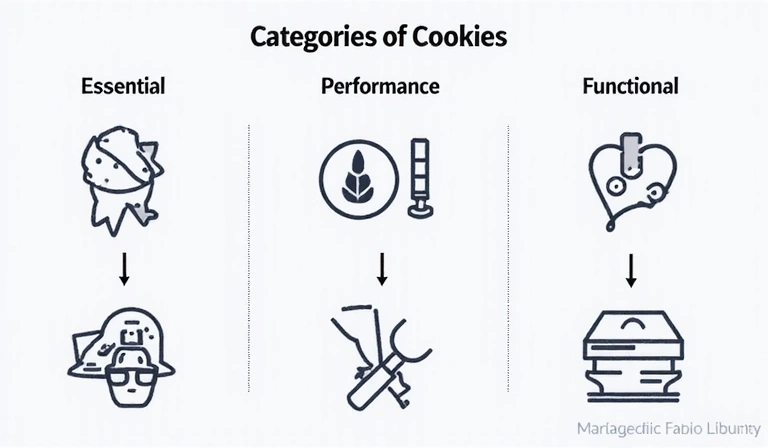 Un diagramma che illustra diverse categorie di cookie: essenziali, di performance, funzionali e di targeting, con icone rappresentative per ciascuno.
