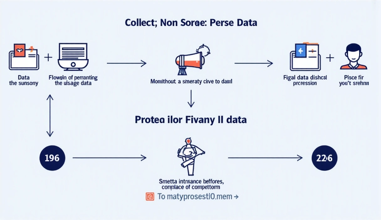 Un diagramma di flusso stilizzato che mostra la raccolta di dati personali e di utilizzo, con frecce che indicano il processo di elaborazione e protezione dei dati.