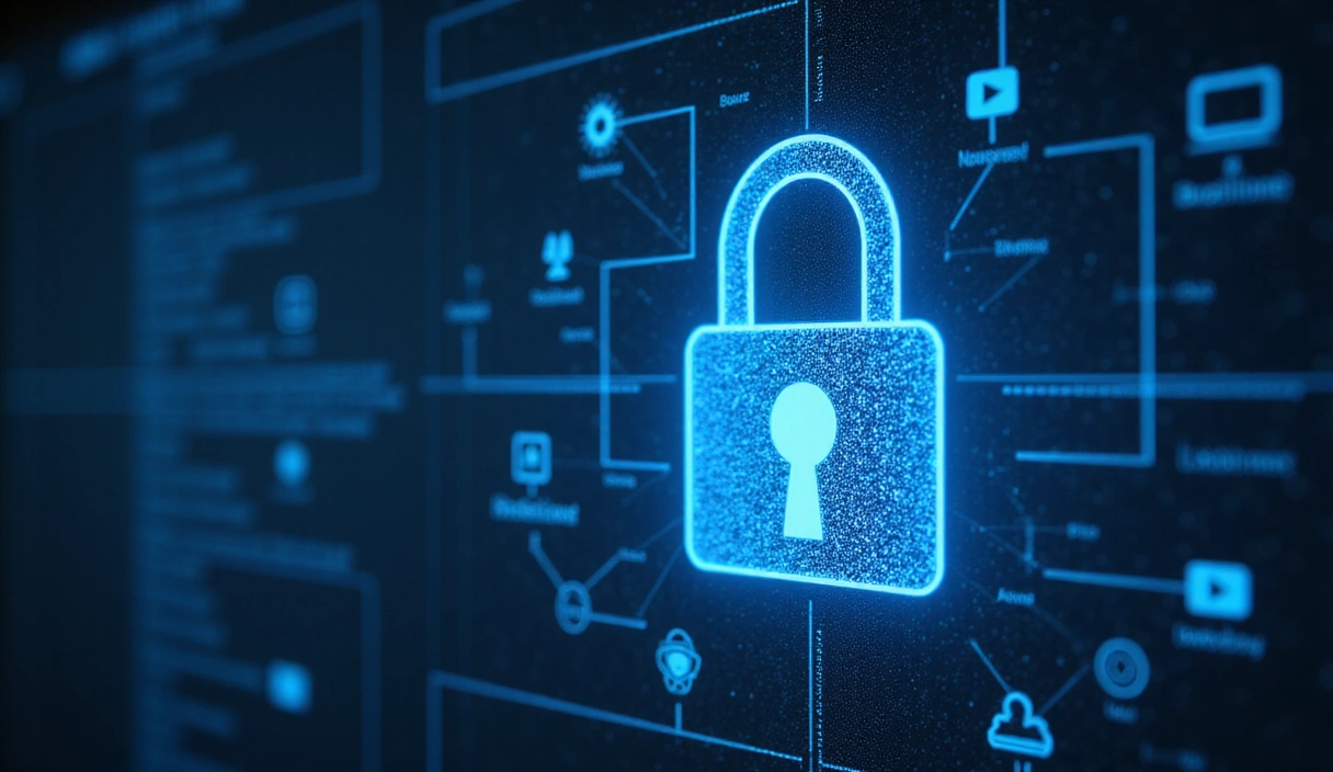 Un lucchetto stilizzato con un'interfaccia utente digitale sullo sfondo, che simboleggia la sicurezza dei dati e la protezione della privacy online.