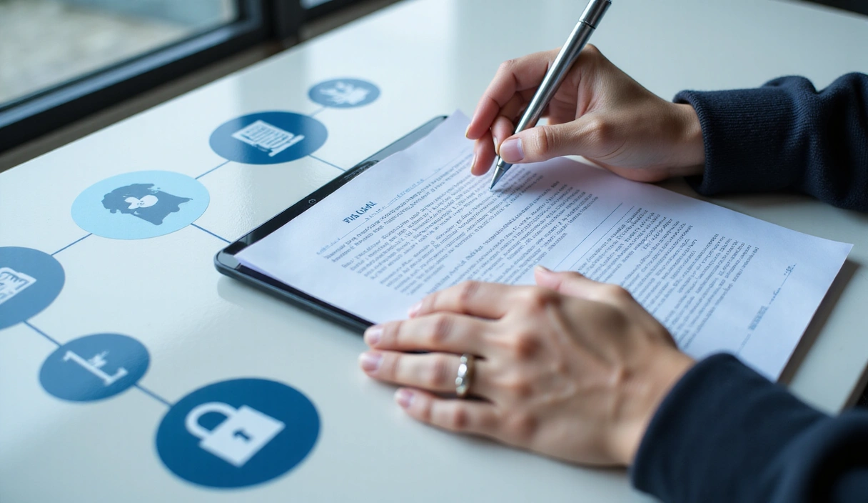 Una persona che legge un documento legale su un tablet, circondata da icone stilizzate che rappresentano la privacy e la sicurezza dei dati.