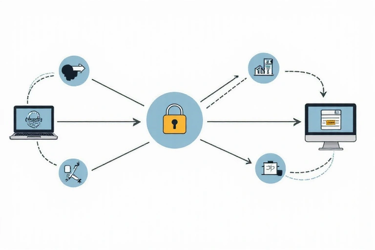 Diagramma di flusso sulla condivisione dei dati con icone di sicurezza
