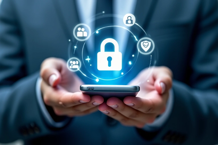 Mano che tiene uno smartphone con icone di privacy