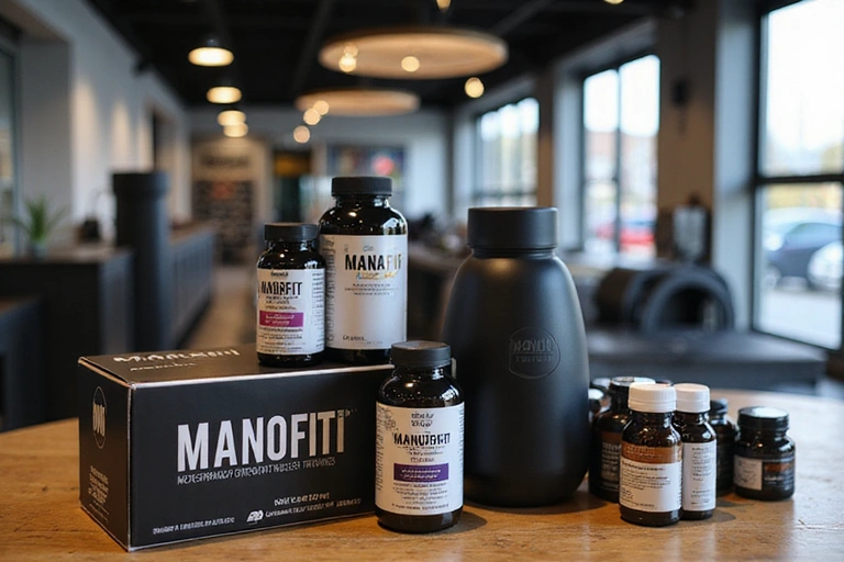 Vetrina prodotti ManoFit con attrezzature e integratori